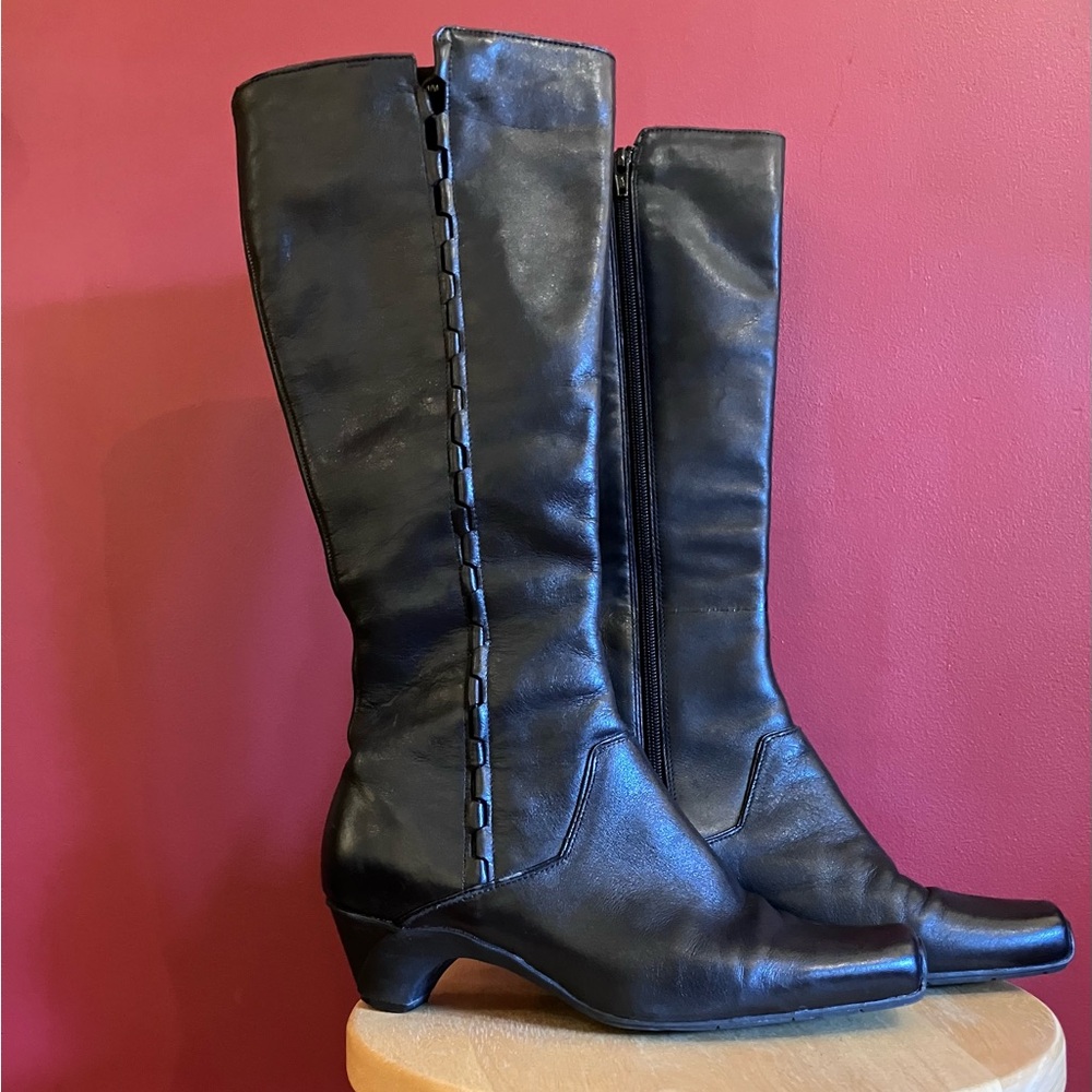 Clarks Black Leather Square Toe Heeled Boots